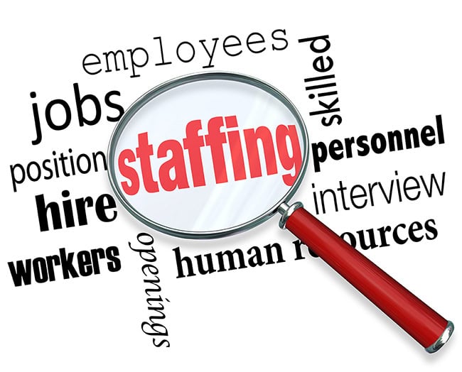 Lots of black text on a white background: employees, skills, position, personnel, hire, workers, human resources, openings. There is a magnifying glass in the middle with Staffing in red letters.